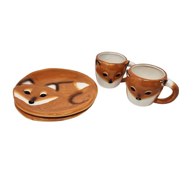 Lot Of 4 Red Fox Plate & Coffee Mug Set Autumn Fall Serving Decor Collectibles - Picture 2 of 11